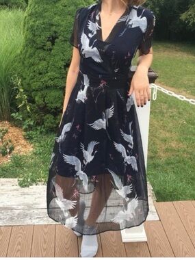 Metisu Japanese Crane Silk Dress Blue Fit & Flare Surplus Sz L Feminine Unique
